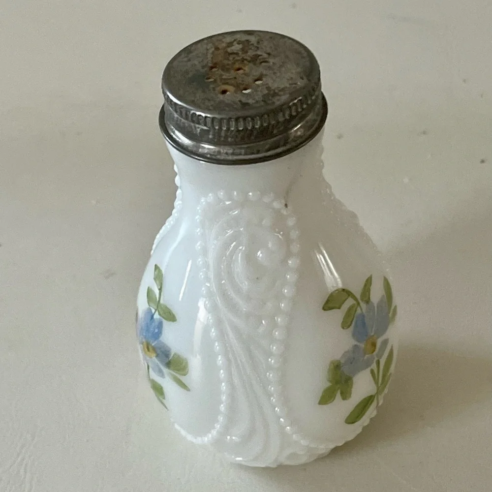 Vintage Milk Glass Salt Shaker with Floral Design and Metal Lid